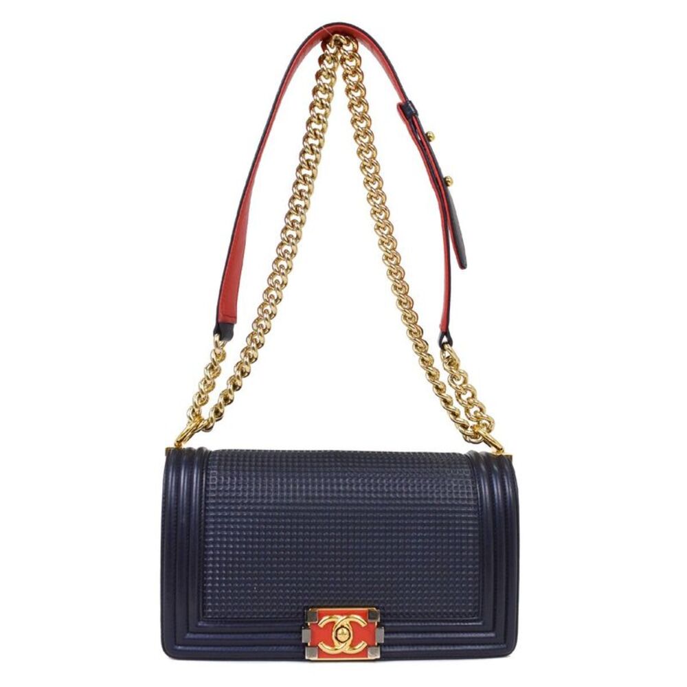 Chanel Boy Flap Cube Embossed Lambskin Navy Leather Shoulder Bag Bag